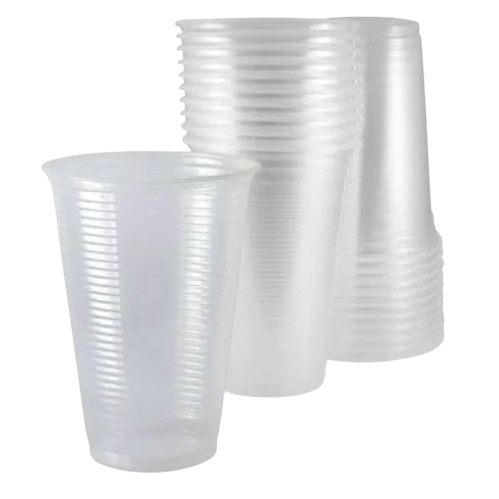 Pilha de copos descartáveis brancos de 200ml.